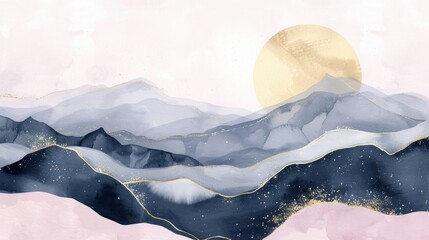 Minimal mountain landscape watercolor with brush and golden line art texture