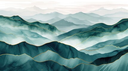 Fototapeta na wymiar Minimal mountain landscape watercolor with brush and golden line art texture