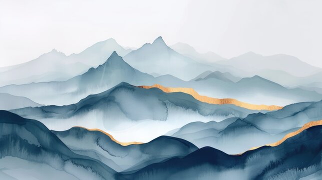 Minimal mountain landscape watercolor with brush and golden line art texture