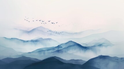 watercolor painting of Misty mountains with gentle slopes and flock of birds in sunrise sky - obrazy, fototapety, plakaty