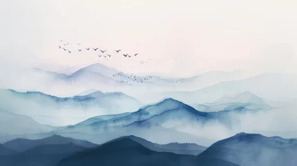 Foto op Plexiglas watercolor painting of Misty mountains with gentle slopes and flock of birds in sunrise sky © fledermausstudio