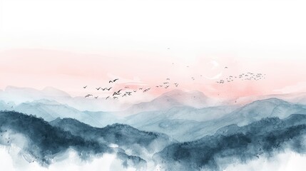watercolor painting of Misty mountains with gentle slopes and flock of birds in sunrise sky