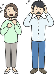 何かに焦っている表情の男女のイラスト
