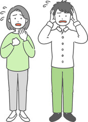何かに焦っている表情の男女のシンプルなイラスト