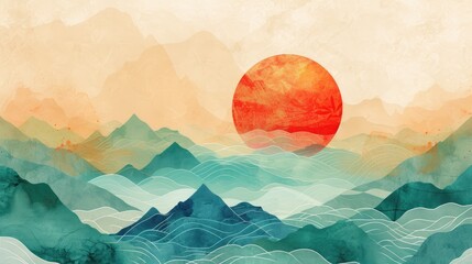 chinese and Japanese oriental line art mountain and sun watercolor abstract background