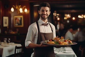 A waiter skillfully balancing a tray filled with delicious dishes, navigating through a busy restaurant, delivering exceptional service with a smile. - obrazy, fototapety, plakaty