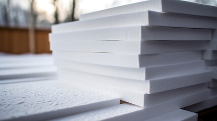 Close up stack of new white tiles in construction site, stock photo - obrazy, fototapety, plakaty