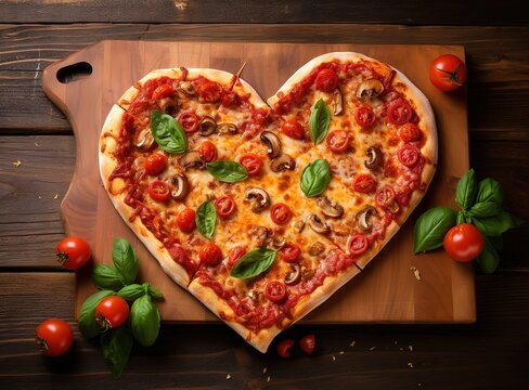 Pizza with tomato topping and Salami Shaped in a heart on a wooden table. generative AI