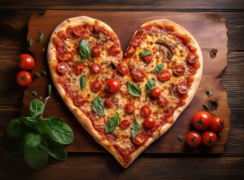 Pizza with tomato topping and Salami Shaped in a heart on a wooden table. generative AI
