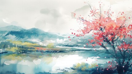 Obraz na płótnie Canvas minimalist watercolor painting of Spring panoramic landscape