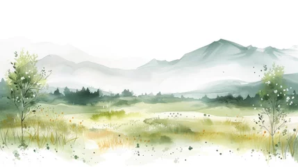 Deurstickers minimalist watercolor painting of Spring panoramic landscape © fledermausstudio