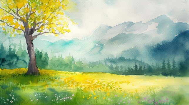 minimalist watercolor painting of Spring panoramic landscape