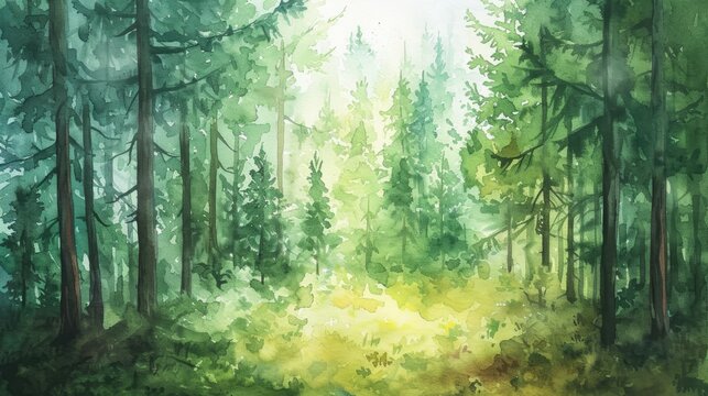 Watercolor painting of a spruce forest