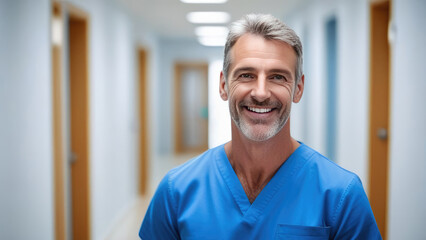 Middle aged male doctor in blue scrubs, smiling looking in camera, Portrait of man medic professional, hospital physician, confident practitioner or surgeon at work. blurred background