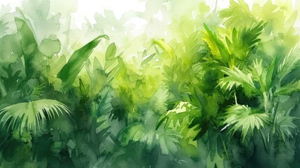 watercolor painting of green tropical vegetation - obrazy, fototapety, plakaty
