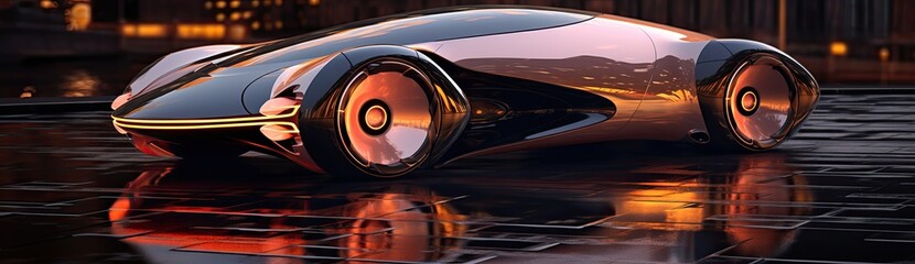 A cyberpunk supercar navigating through the streets of a science fiction city, blending futuristic aesthetics with high-performance design.