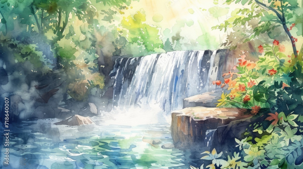 Wall mural watercolor painting of deep forest waterfall