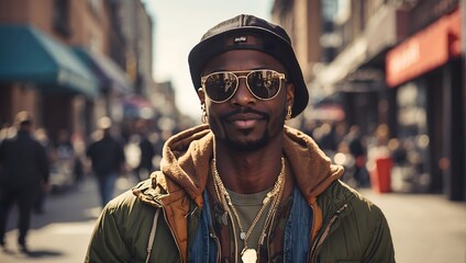 portrait of an African American rapper on the street - obrazy, fototapety, plakaty