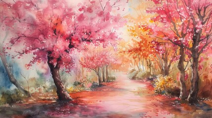 vintage watercolor painting of Cherry Blossom Pathway - obrazy, fototapety, plakaty