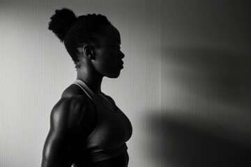 Silhouette of a strong woman in profile, monochrome image with copy space.