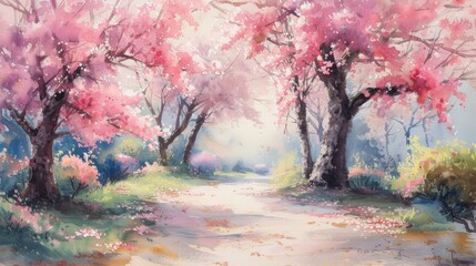 vintage watercolor painting of Cherry Blossom Pathway