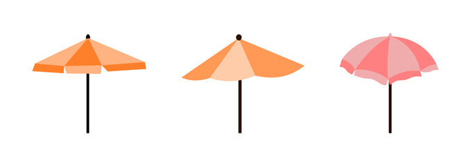 Three colorful umbrellas in a row against a white background, suitable for weather related designs, travel concepts, and outdoor event promotions.