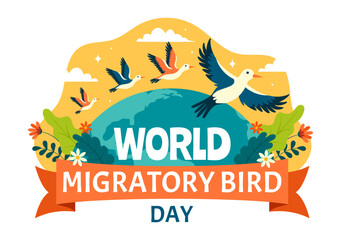 World Migratory Bird Day Vector Illustration with Birds Migrations Groups and Their Habitats for Living Aquatic Ecosystems in Flat Cartoon Background