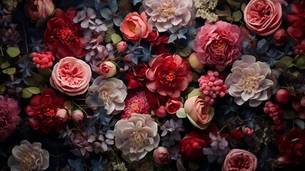 Flowers composition. Colorful flowers on blue background. Flat lay, top view