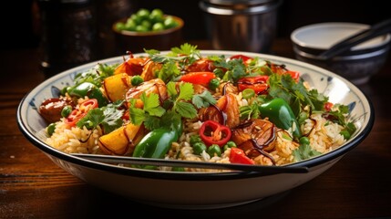 Rice with meat and vegetables on a black background. Asian cuisine - obrazy, fototapety, plakaty
