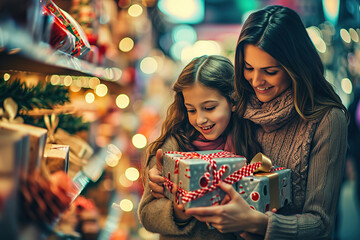 A mother and daughter duo shopping for gifts together, holding beautifully wrapped packages while browsing in a store - obrazy, fototapety, plakaty