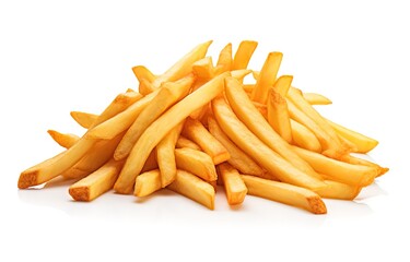 Stack of French fries in photo on white Background. generative AI