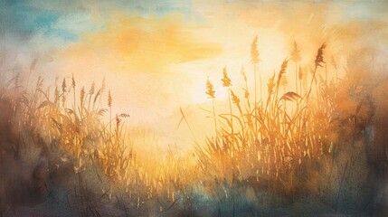Obraz na płótnie Canvas watercolor painting of sunset in the reeds and meadow