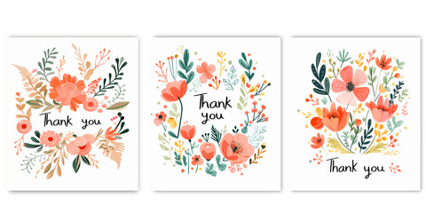 Fototapeta na wymiar Set of Thank you cards in Scandinavian letters and flowers on a transparent background for various greeting card and design concepts.