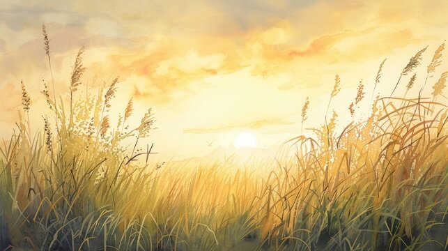 watercolor painting of sunset in the reeds and meadow