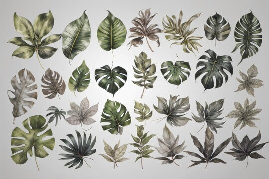 Collection of tropical leaves on grey background. Green foliage on a subdued grey backdrop © The Artist