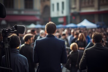 A news reporter conducting an interview in a bustling city square. - obrazy, fototapety, plakaty