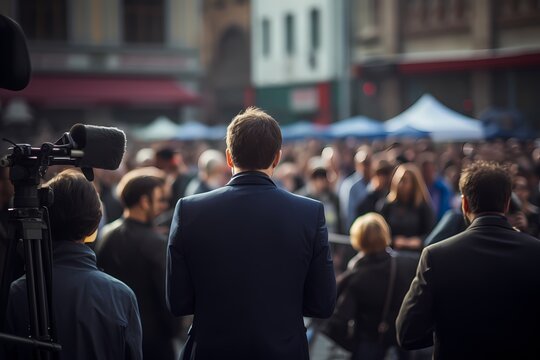 A news reporter conducting an interview in a bustling city square.