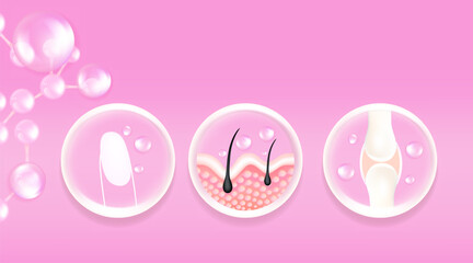 Hyaluronic acid skin hair nails bone and joint solutions ad, pink collagen serum drop with cosmetic advertising background ready to use, illustration vector.