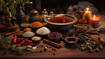 Spices and herbs for cooking in composition on the old background.