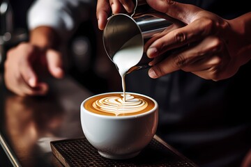 A barista carefully pouring steamed milk into a cup of espresso, creating intricate latte art in a trendy cafe.