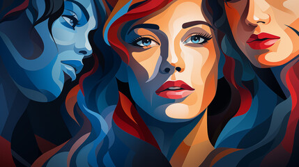 Vivid abstract illustration featuring a fusion of female faces with striking colors and flowing hair.
