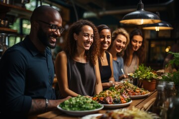 Colleagues of different ethnicities enjoying a homemade lunch, potluck-style, in a vibrant office setting, Generative AI