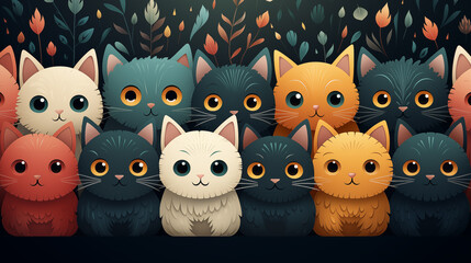 Obraz premium A charming collection of cartoon cats with various colors against a backdrop of decorative plants and leaves. 