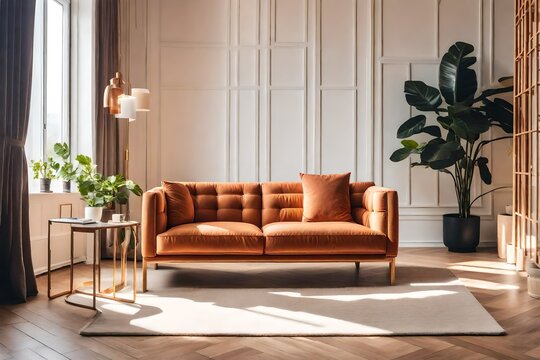 orange sofa in the living room with potted flowers