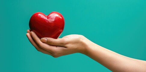 Fototapeta premium Close-up hand holding red heart concept on green background.