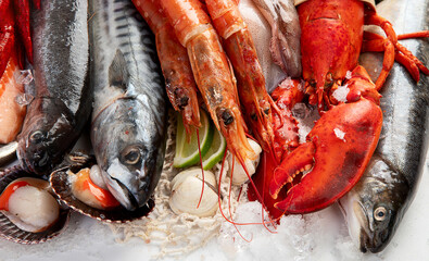 Assortment variousfish dishes - octopus, shrimp, crab, seafood, mussels, salmon.