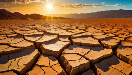 Drought in the valley. Lifeless clay soil. - obrazy, fototapety, plakaty
