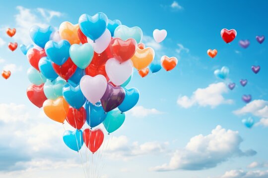 multi-colored heart-shaped balloons fly in the blue sky with white clouds. concept for Valentine, March 8, Valentine's Day, Birthday.