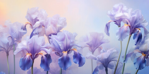Nature's Delicate Dance: A Vibrant Bouquet of Purple Iris Flowers Blooming in a Lush Green Garden
