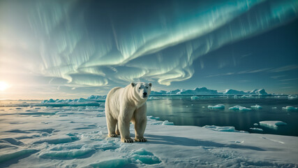 Polar bear on the background of the aurora borealis. AI
